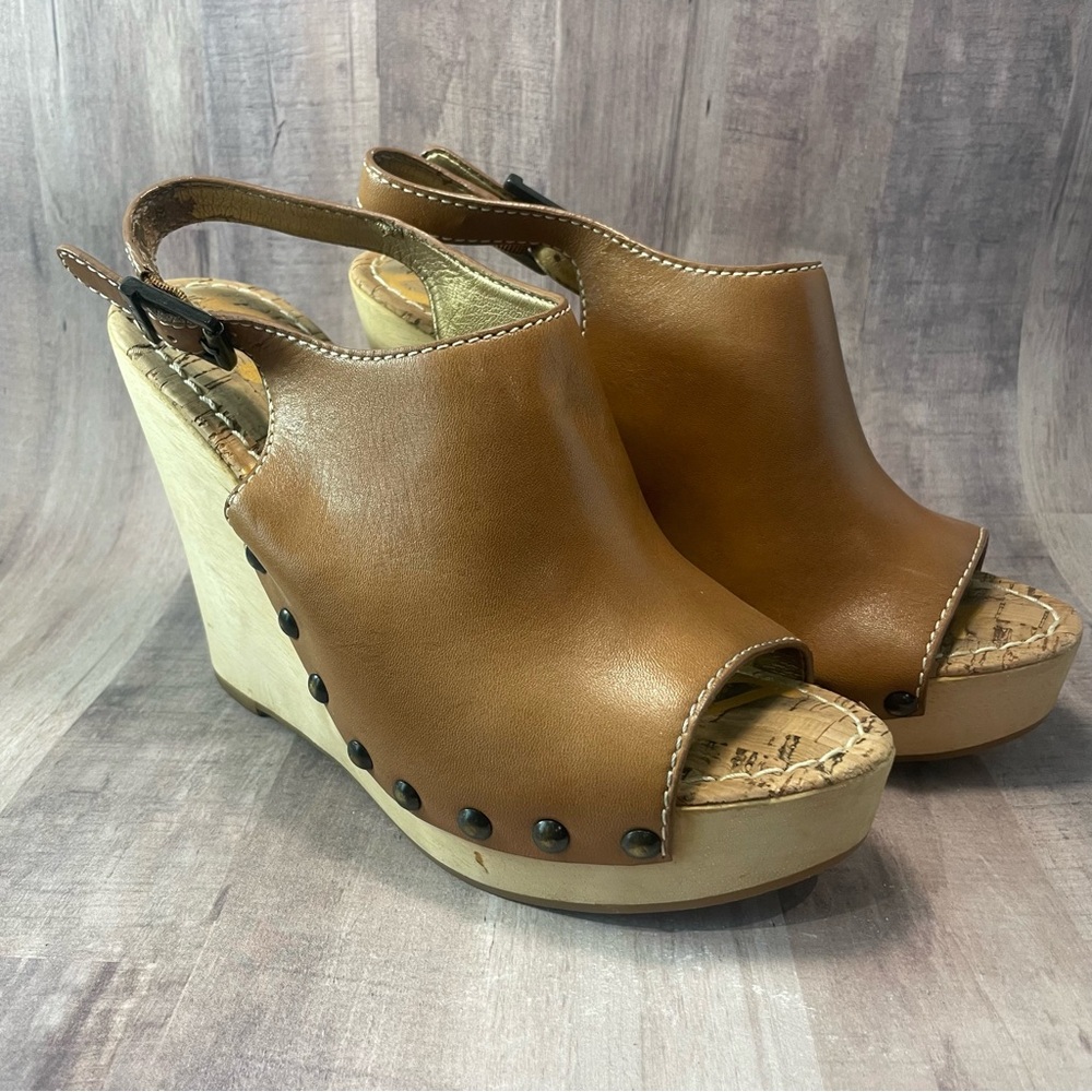 Sam Edelman Womens Camilla Sandal Size 7.5 Wood Wedge Platform Brown Leather
